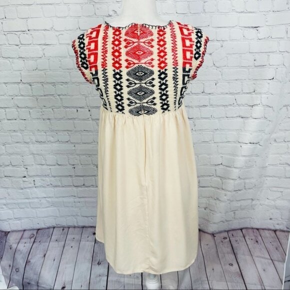 Edme & Esyllte Petra Cream with Blue & Red Aztec Embroidery A-Line Swing Dress - Picture 8 of 10